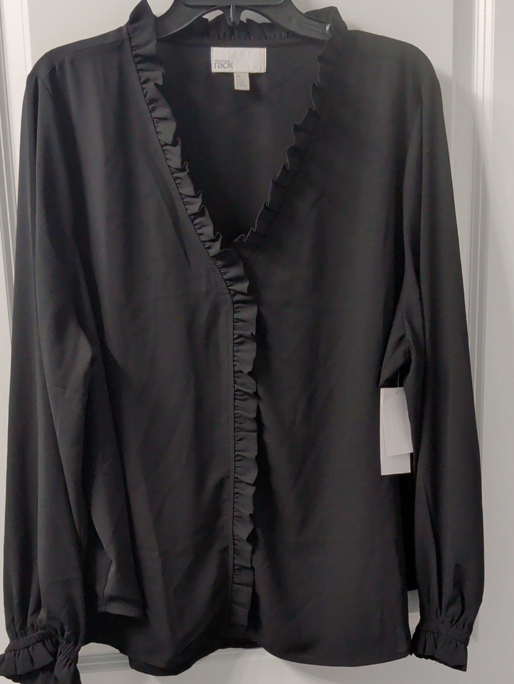 New Black Ruffled V-Neck Blouse